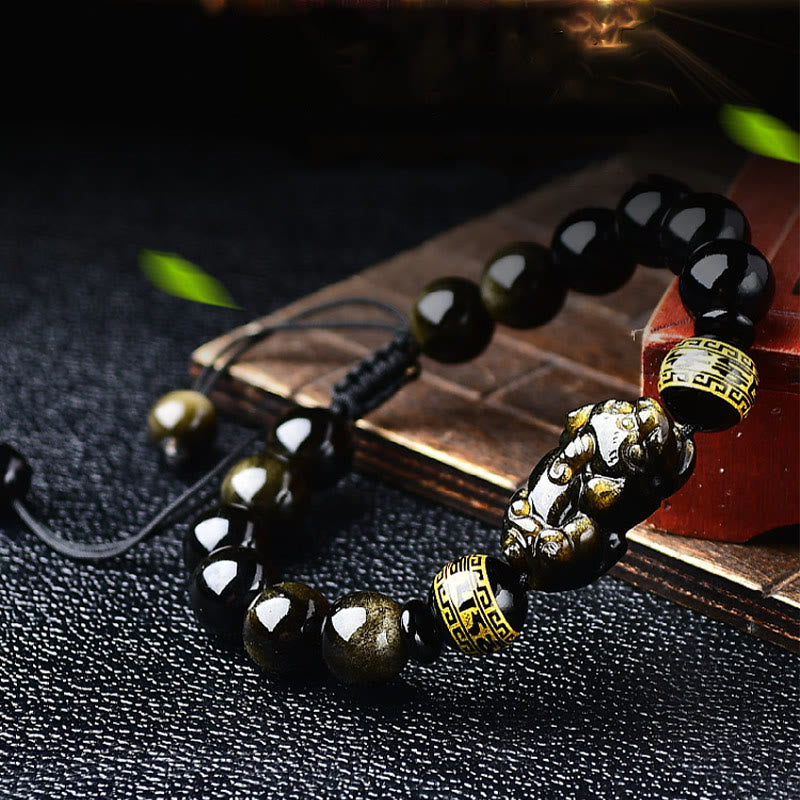 Natural Gold Sheen Obsidian PiXiu Om Mani Padme Hum Wealth Braided Bracelet - Image 9