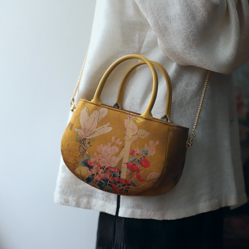 Vintage Flower Peony Metal Chain Zipper Handbag Crossbody Bag Shoulder Bag