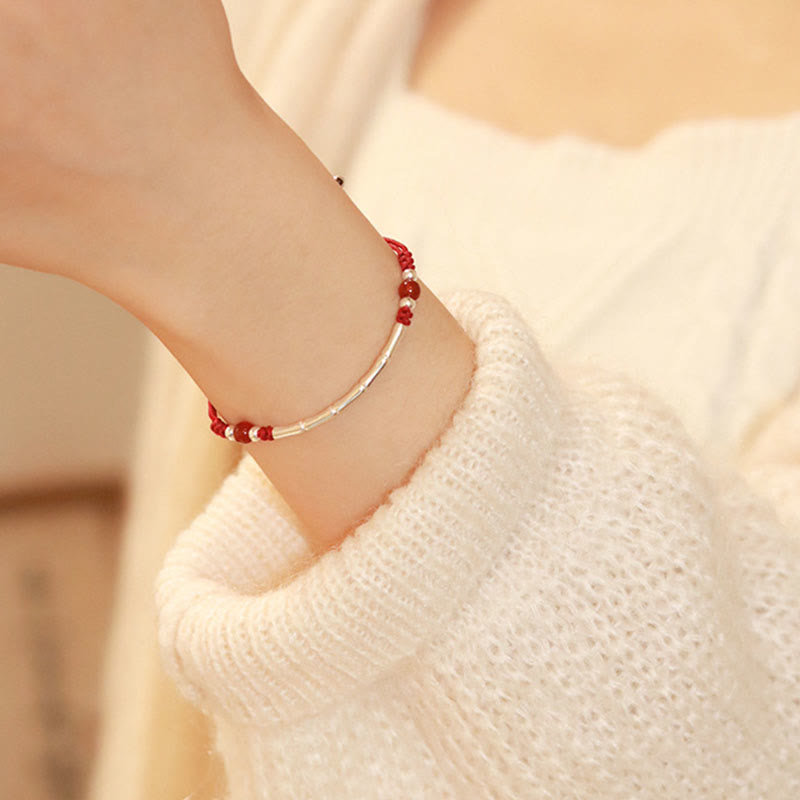 925 Sterling Silver Bamboo White Agate Red Agate Bead Protection String Braided Bracelet - Image 7