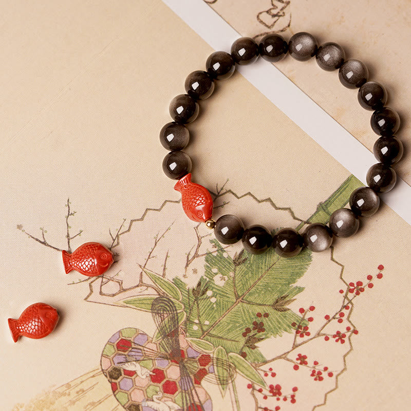 Natural Silver Sheen Obsidian Cinnabar Koi Fish Soothing Protection Bracelet - Image 3