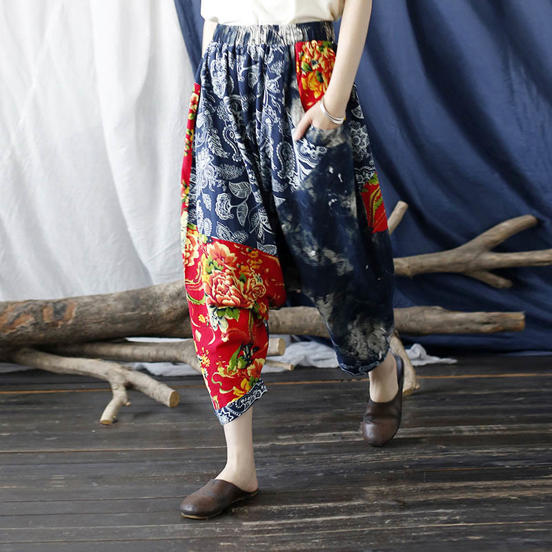 Blue Red Peony Flowers Patchwork Cotton Linen Harem Pants With Pockets - Image 13