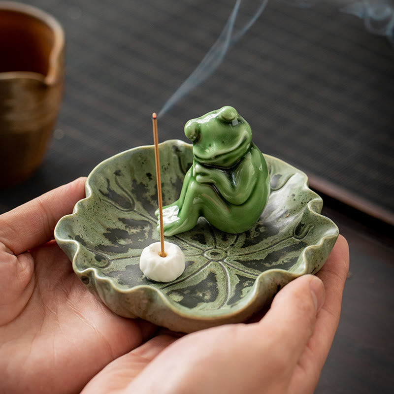 Leaf Meditation Frog Pattern Healing Ceramic Incense Burner Decoration - Image 23