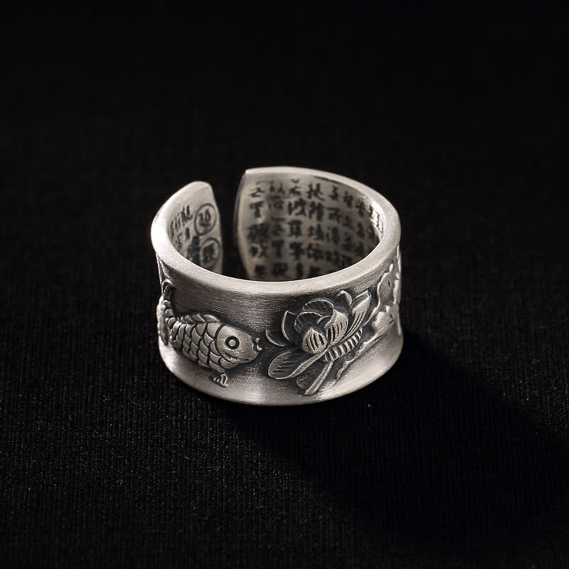 999 Sterling Silver Luck Koi Fish Lotus Heart Sutra Wealth Ring - Image 15