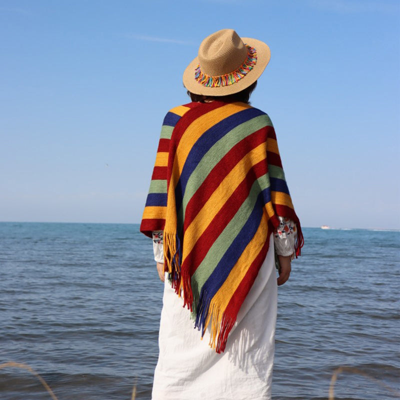 Tibetan Colorful Striped Design Shawl Tassels Pullover Winter Cozy Travel Scarf Wrap - Image 10