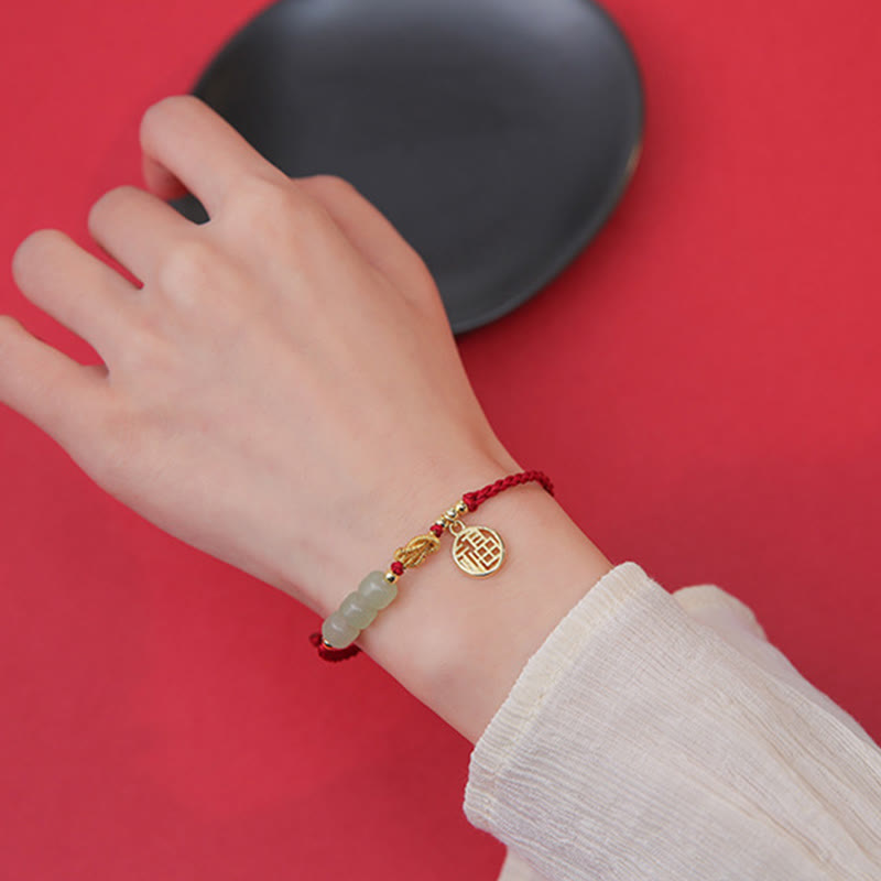 Handcrafted Jade Bead Fu Character Charm Luck Red Rope Bracelet - Image 13