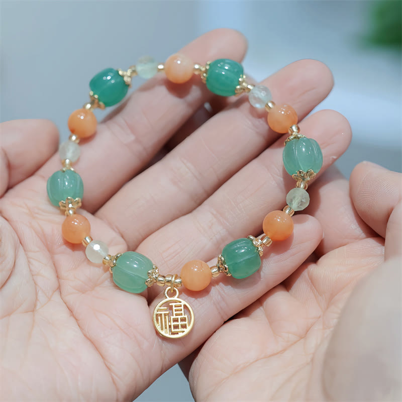 Natural Golden Silk Jade Pumpkin Bead Fu Character Charm Wealth Bracelet