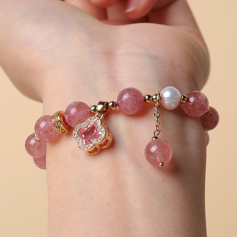 Strawberry Quartz Pearl Four Leaf Clover Charm Healing Bracelet - Image 7
