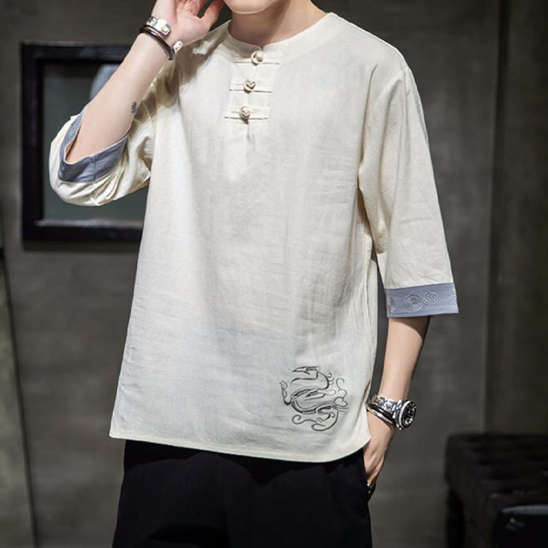 Frog-Button Dragon Embroidery Chinese Tang Suit Three Quarter Sleeve Shirt Cotton Linen Men Clothing - Image 11