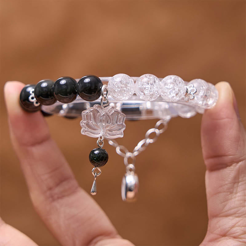 Silver Sheen Obsidian Crackle Clear Quartz Black Rutilated Quartz Yin Yang Lotus Protection Bracelet - Image 12