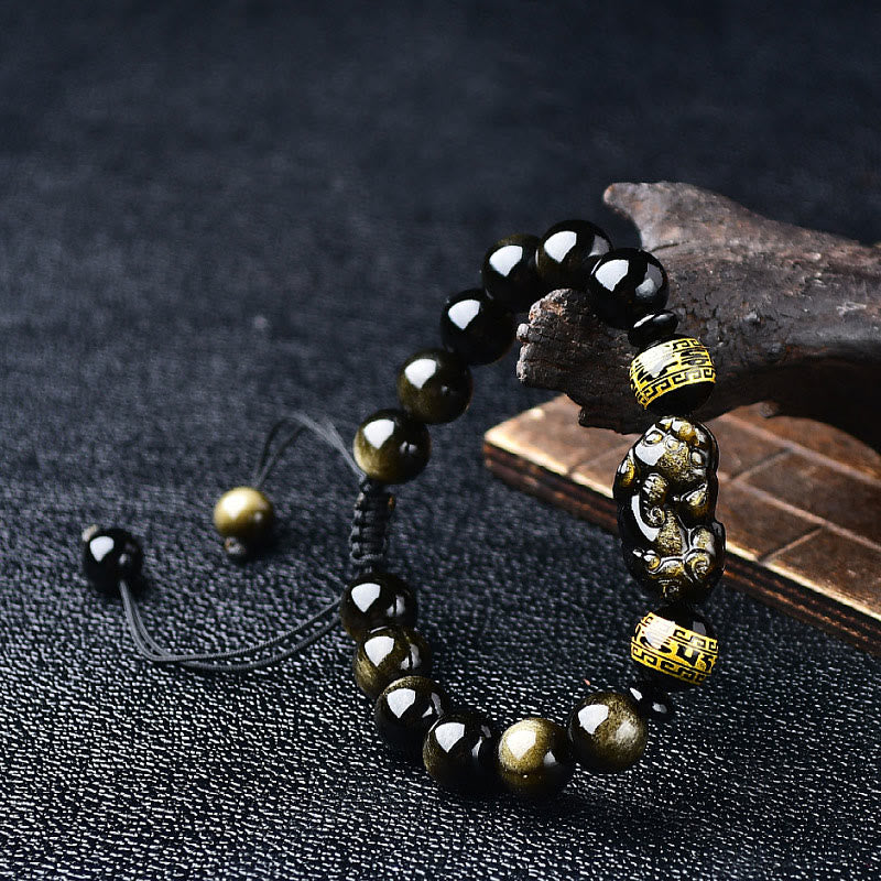 Natural Gold Sheen Obsidian PiXiu Om Mani Padme Hum Wealth Braided Bracelet - Image 6