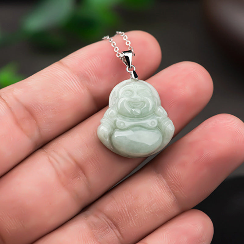 925 Sterling Silver Laughing Buddha Jade Blessing Necklace Chain Pendant - Image 5
