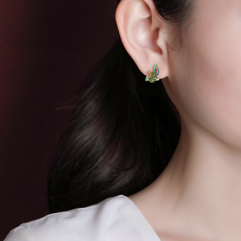 925 Sterling Silver Plated Gold Natural Cyan Jade Butterfly Luck Healing Earrings - Image 6