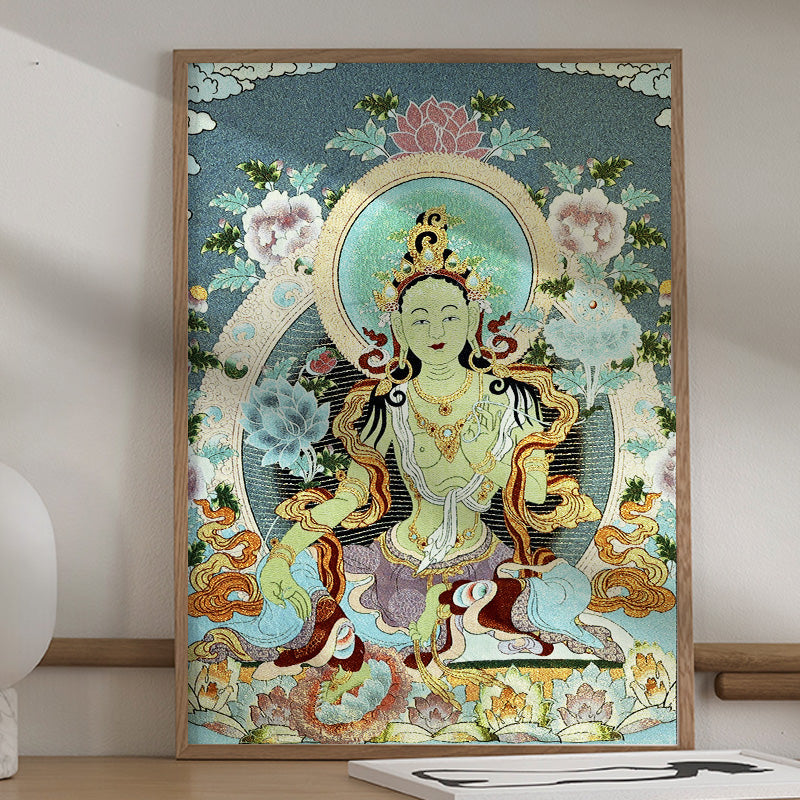 Tibetan Embroidery White Tara Thangka Tapestry Wall Hanging Wall Art Meditation for Home Decor