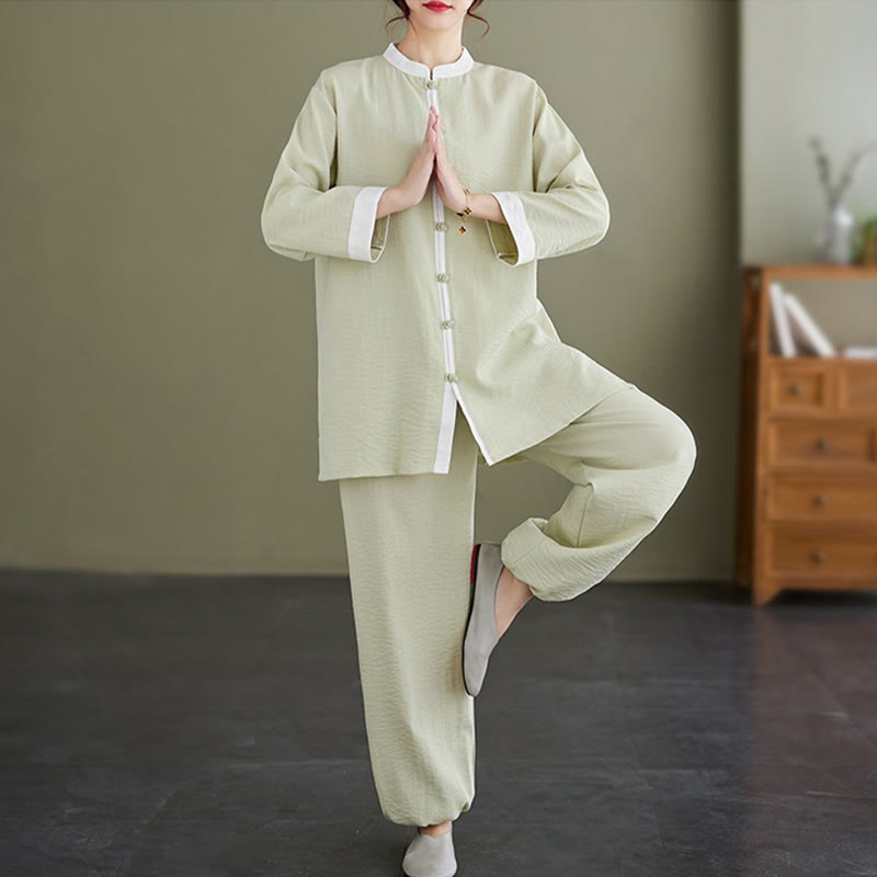 2Pcs Vintage Long Sleeve Shirt Top Pants Meditation Zen Tai Chi Cotton Linen Clothing Women's Set - Image 12