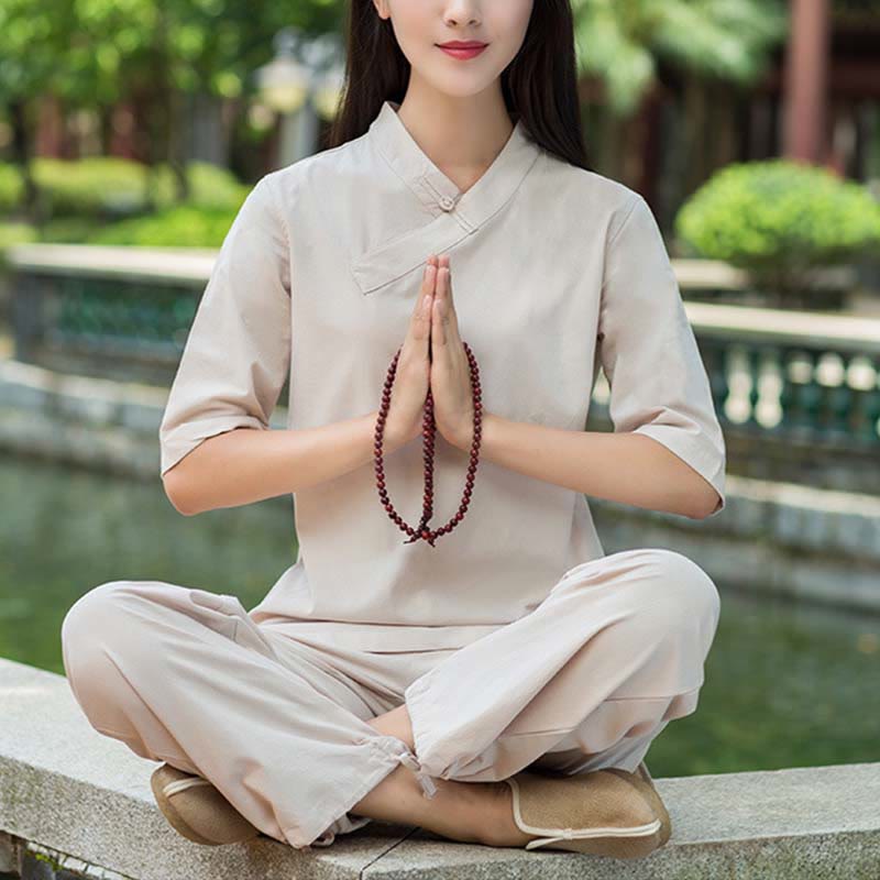 2Pcs Half Sleeve V-Neck Shirt Top Pants Meditation Zen Tai Chi Linen Clothing Women's Set
