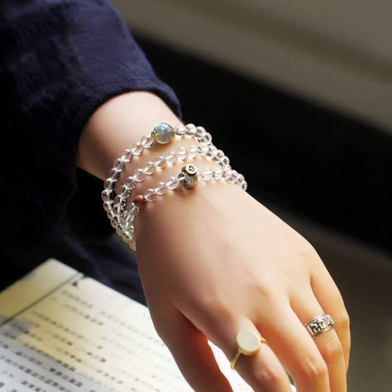 925 Sterling Silver Chinese Zodiac Natal Buddha White Crystal Meditation Triple Wrap Bracelet - Image 3