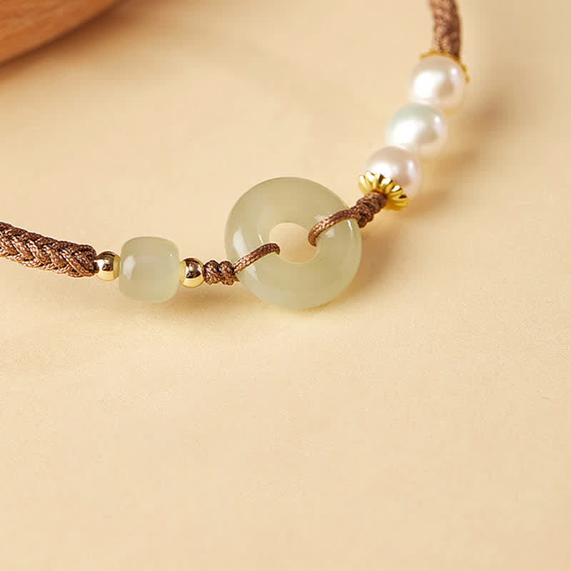 Natural Hetian Jade Pearl Peace Buckle Luck Bracelet - Image 8