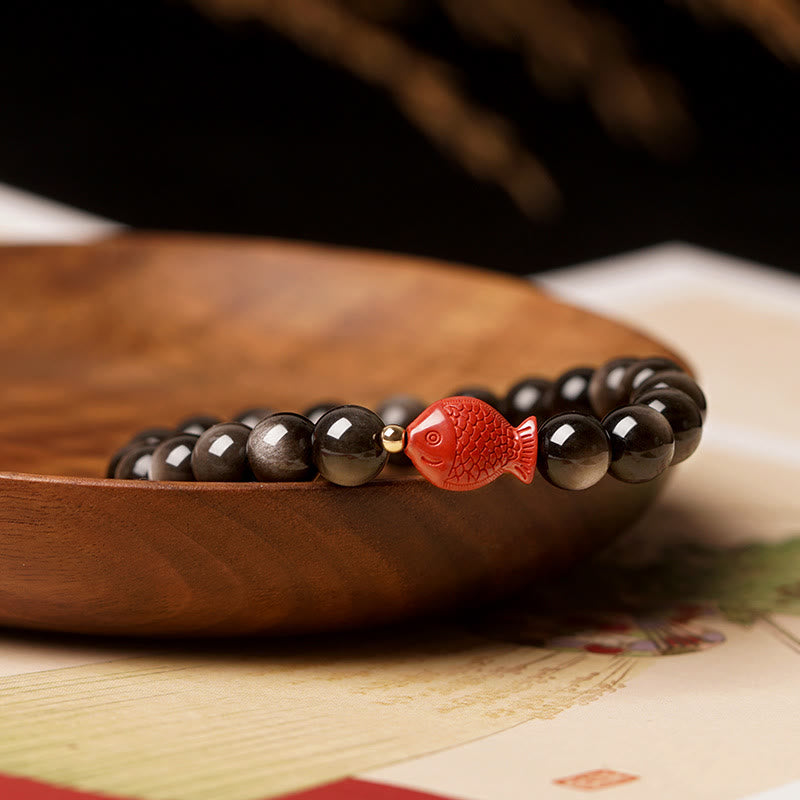 Natural Silver Sheen Obsidian Cinnabar Koi Fish Soothing Protection Bracelet - Image 4