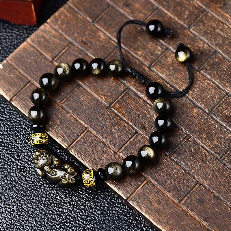 Natural Gold Sheen Obsidian PiXiu Om Mani Padme Hum Wealth Braided Bracelet