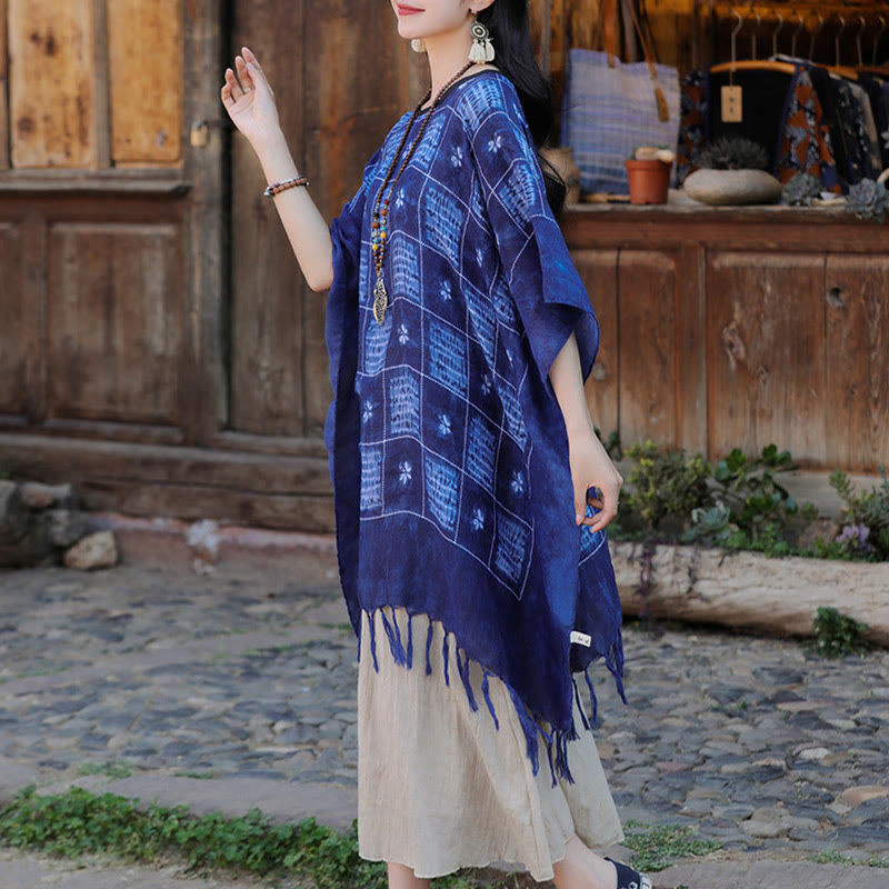 Blue Color Block Plaid Shawl Tassels Soft Pullover 90*95cm - Image 13