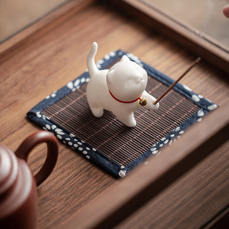 Mini Lucky Cat Kitten Tea Pet Ceramic Home Desk Figurine Decoration With Bamboo Mat - Image 5