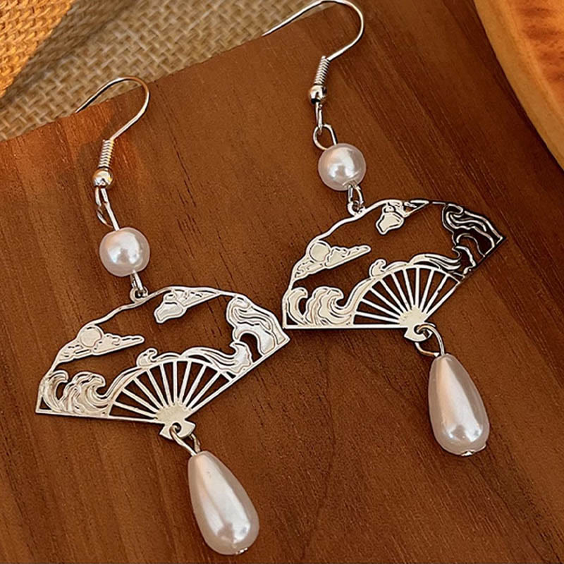 Copper Fan Auspicious Clouds Pearl Healing Drop Earrings