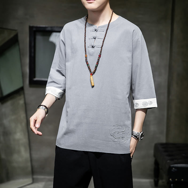 Frog-Button Dragon Embroidery Chinese Tang Suit Three Quarter Sleeve Shirt Cotton Linen Men Clothing - Image 19