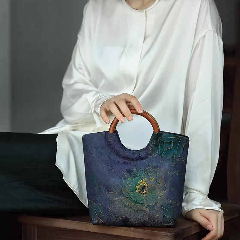 Peony Flower Bamboo Leaves Bird Solid Wood Handle Handbag - Image 10