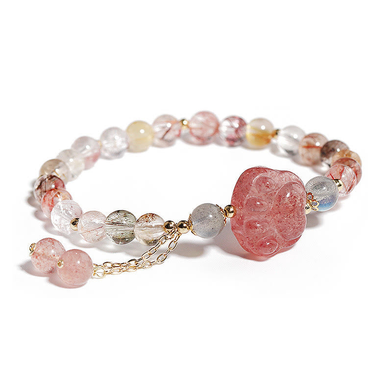 Natural Strawberry Quartz Cat Paw Claw Colorful Rutilated Quartz Moonstone Love Bracelet