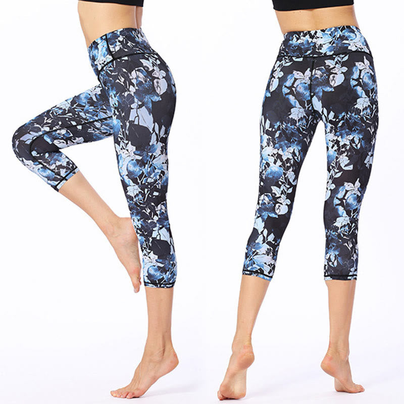 Leaves Butterfly Print Sports Yoga Cropped Leggings Women's Yoga Capri Pants