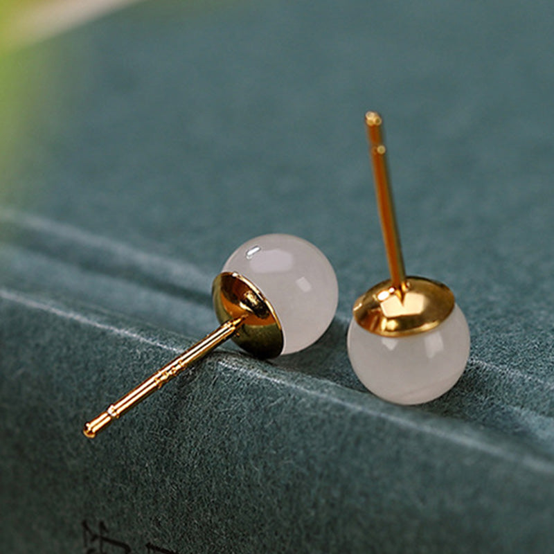 925 Sterling Silver Round White Jade Blessing Stud Earrings - Image 8