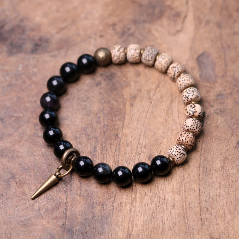 Tibetan Bodhi Seed Black Obsidian Ebony Wood Copper Peace Bracelet