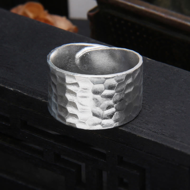 Tibetan 990 Sterling Silver Handmade Rustic Hammered Pattern Ring
