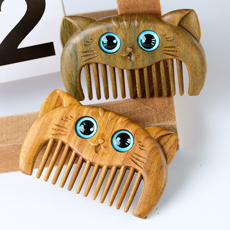 Simple Cat Pattern Green Sandalwood Cure Portable Comb - Image 3