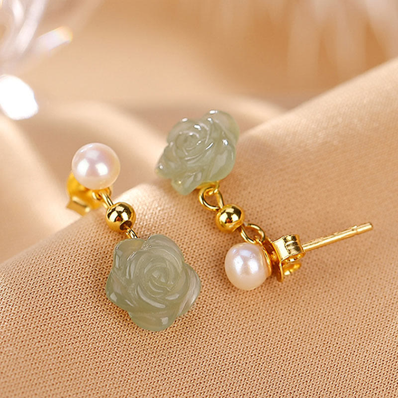925 Sterling Silver Plated Gold Jade Rose Flower Cyan Jade Pearl Luck Earrings - Image 13