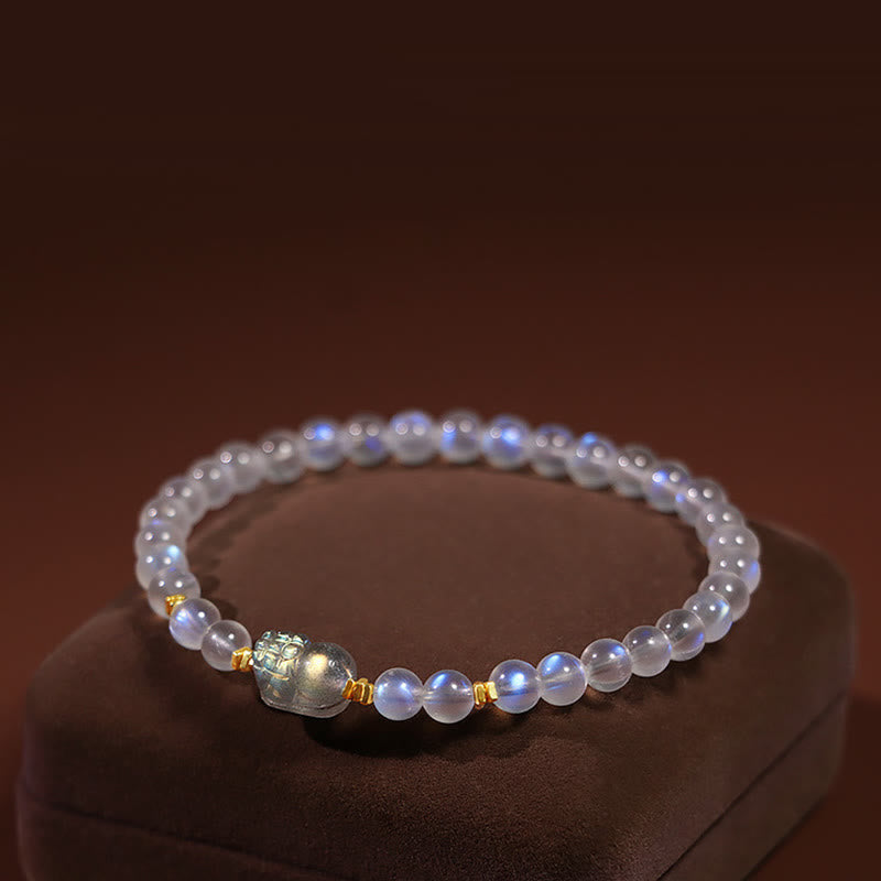 925 Sterling Silver Plated Gold Natural Moonstone PiXiu Healing Bracelet