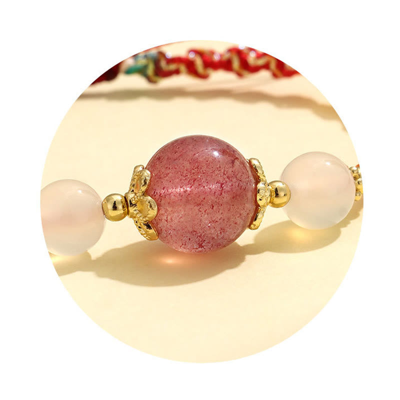 Strawberry Quartz Pink Crystal Prehnite White Agate Bead Healing Rope Bracelet - Image 4