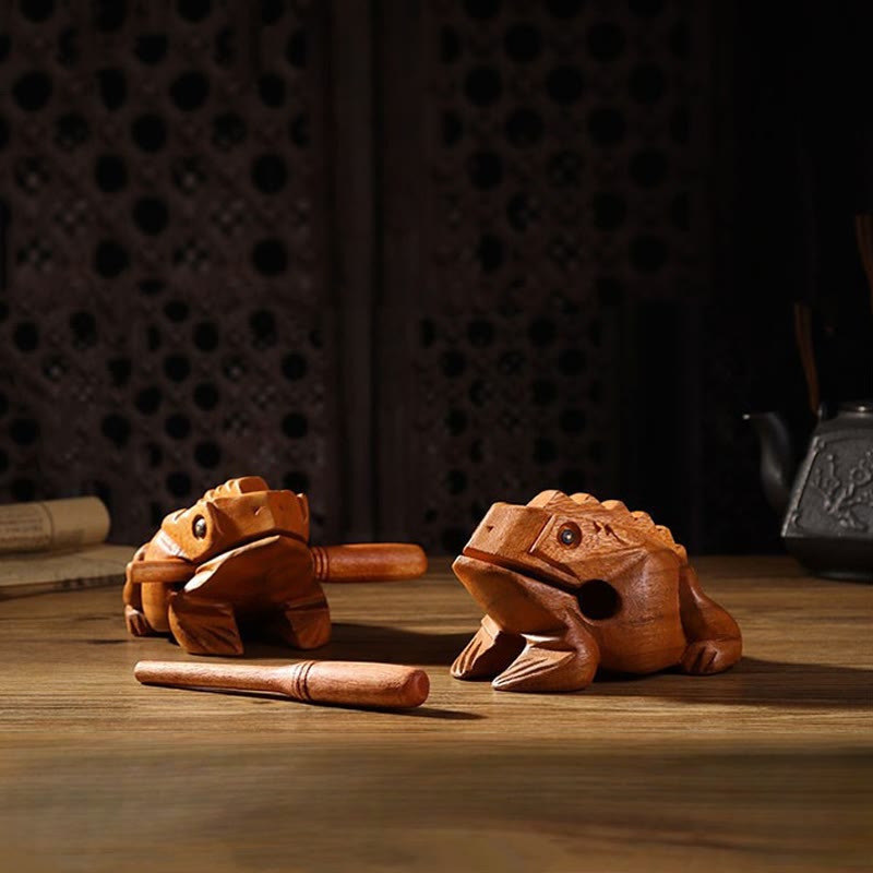Handcrafted FengShui Wealth Luck Frog Mini Wooden Croaking Frog Guiro Decoration
