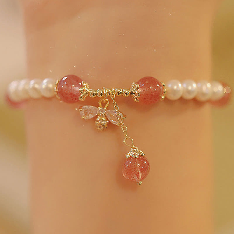 Natural Pearl Strawberry Quartz Healing Cute Honey Bee Charm Bracelet - Image 7