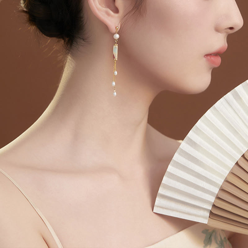 925 Sterling Silver Posts Shoushan Stone Pearl Healing Drop Earrings - Image 8