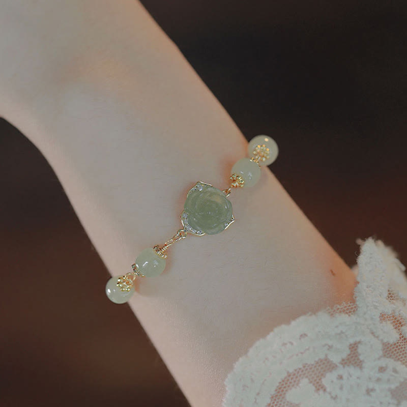 14K Gold Plated Hetian Jade Rose Flower Luck Chain Bracelet