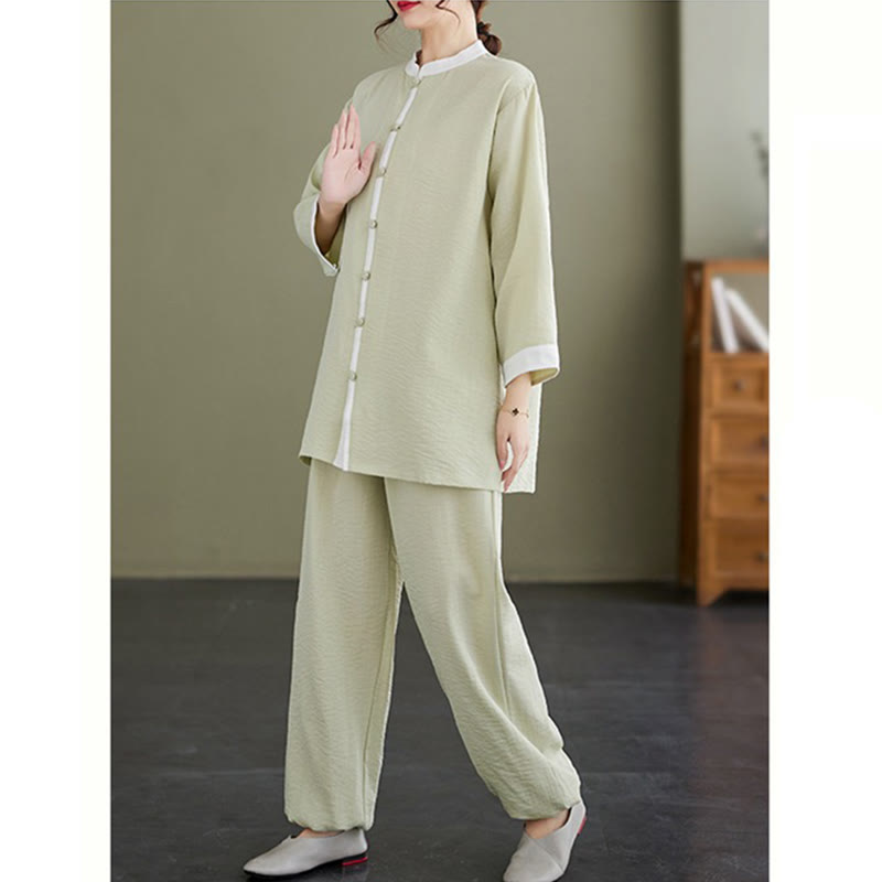 2Pcs Vintage Long Sleeve Shirt Top Pants Meditation Zen Tai Chi Cotton Linen Clothing Women's Set - Image 16