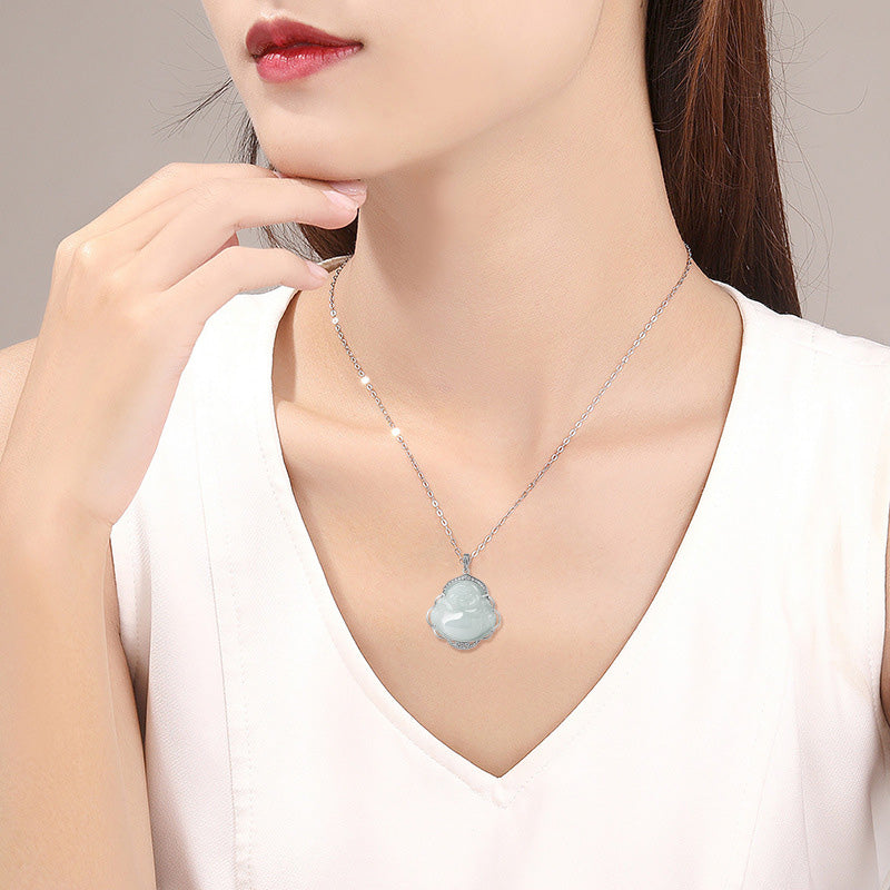925 Sterling Silver Laughing Buddha Natural Jade Abundance Necklace Pendant - Image 3