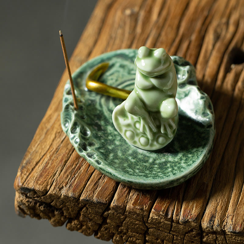 Leaf Meditation Frog Pattern Healing Ceramic Incense Burner Decoration - Image 17