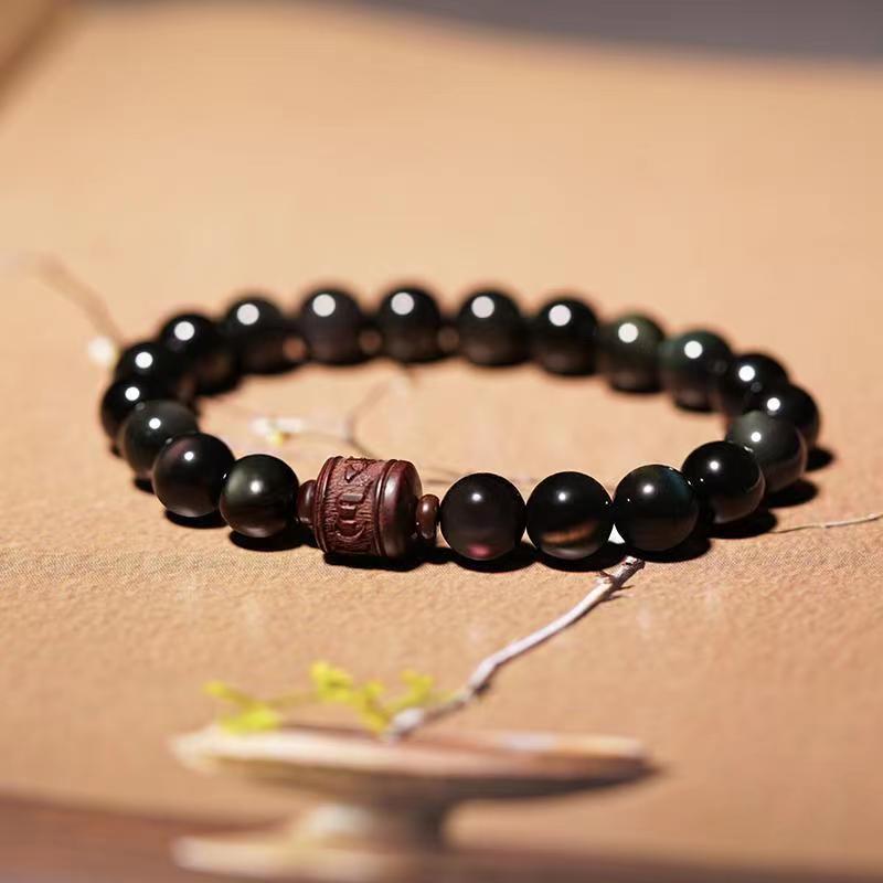Natural Gold Sheen Obsidian Rainbow Obsidian Om Mani Padme Hum Fu Character Healing Bracelet - Image 25