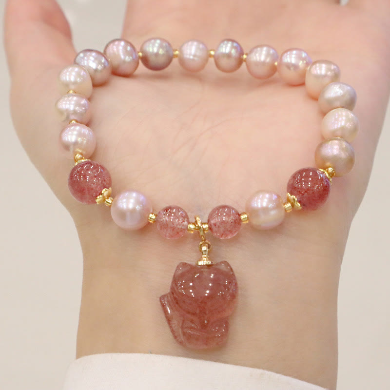 Natural Pearl Strawberry Quartz Cute Fox Love Healing Charm Bracelet