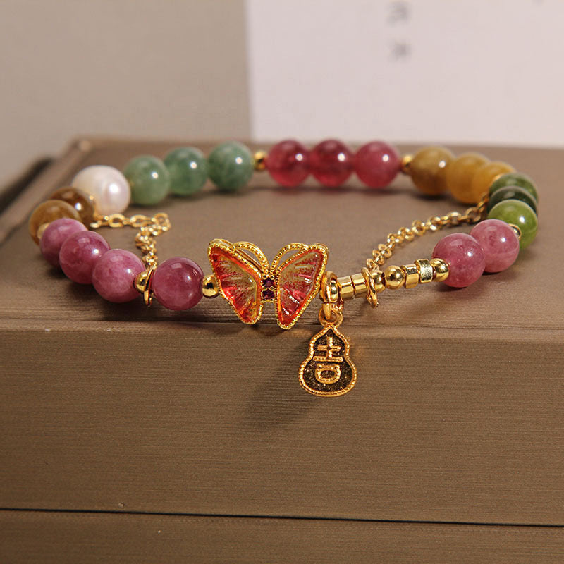 Natural Colorful Tourmaline Butterfly Auspicious Character Gourd Charm Positive Bracelet