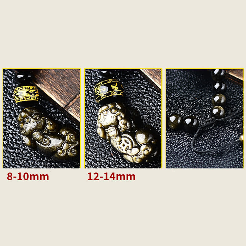 Natural Gold Sheen Obsidian PiXiu Om Mani Padme Hum Wealth Braided Bracelet - Image 14