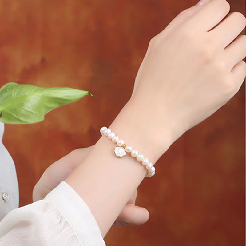14K Gold Plated Natural Pearl Crystal Shell Charm Bead Bracelet - Image 12