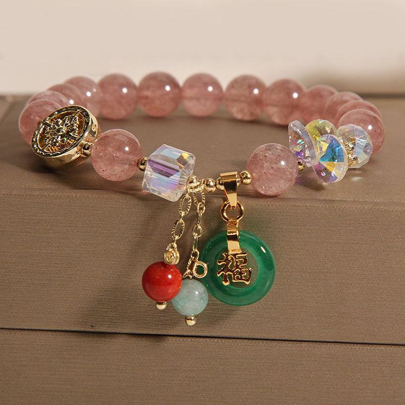 Strawberry Quartz Jade Fu Character Charm Healing Bracelet